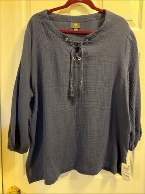 Brand New With Tags JM Collection Blue XXL Cotton Gauze Tunic With Tie Tassels